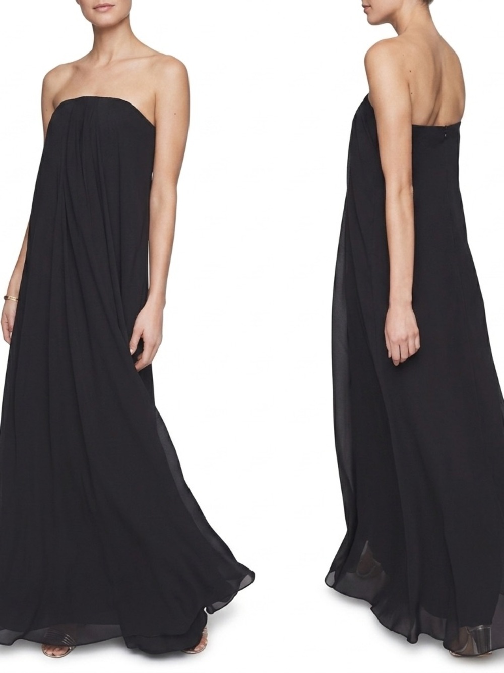 WHBM Black Strapless Gown 6 Chiffon Drape Maxi Dress Wedding Guest Black Tie